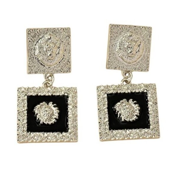 3/$35 Retro Roman Style Silver Black Quadrilateral Lion Patchwork Earrings - Picture 4 of 8